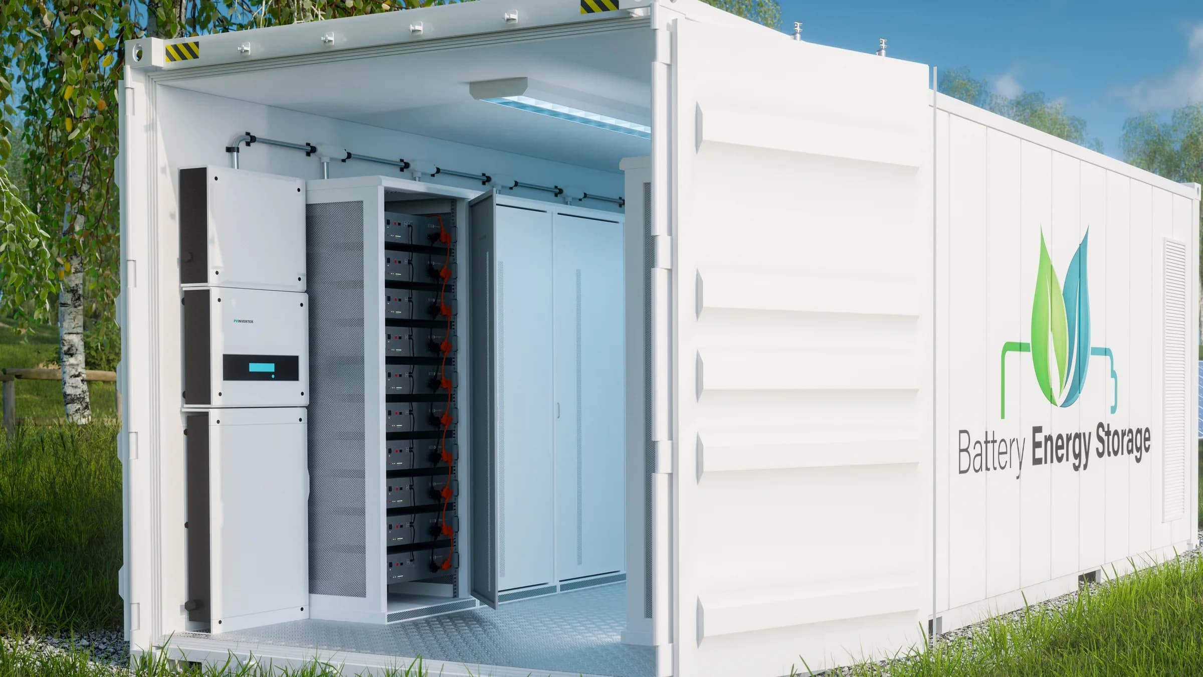A containerised battery energy storage unit with its doors open, showing the racks of battery modules inside and the power conversion cabinet at the end
