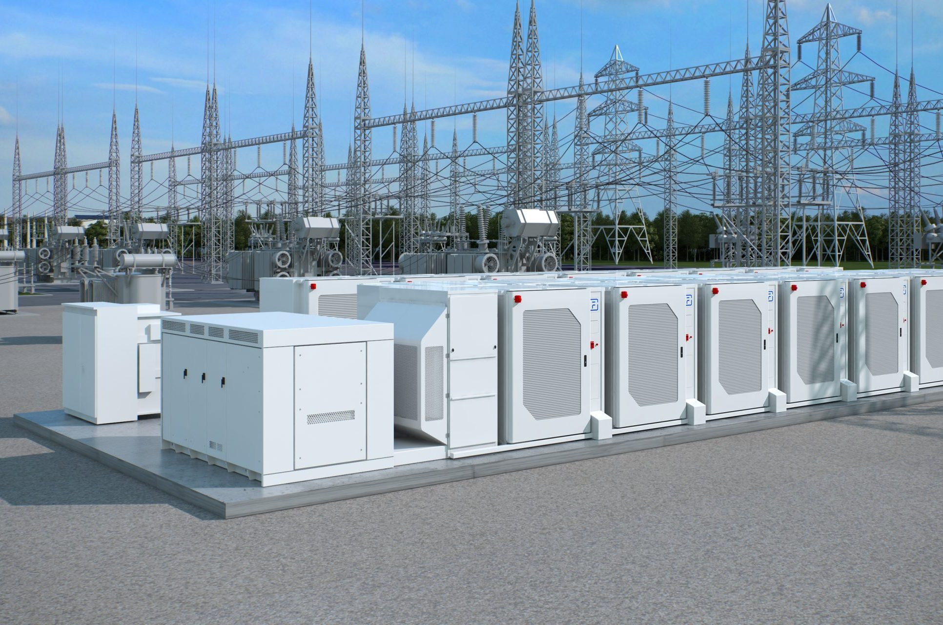 Battery containers sited at an electrical substation